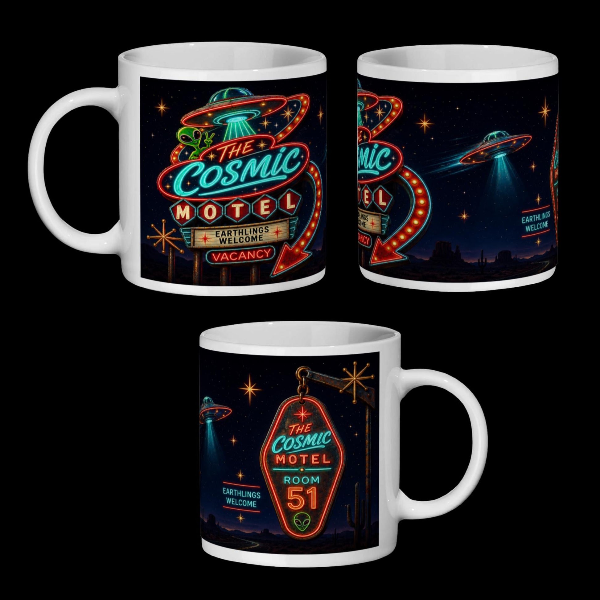 Cosmic Motel UFO Mug, Alien Room 51 Gift, Retro Sci Fi Coffee Mug - Wyrd Dezigns