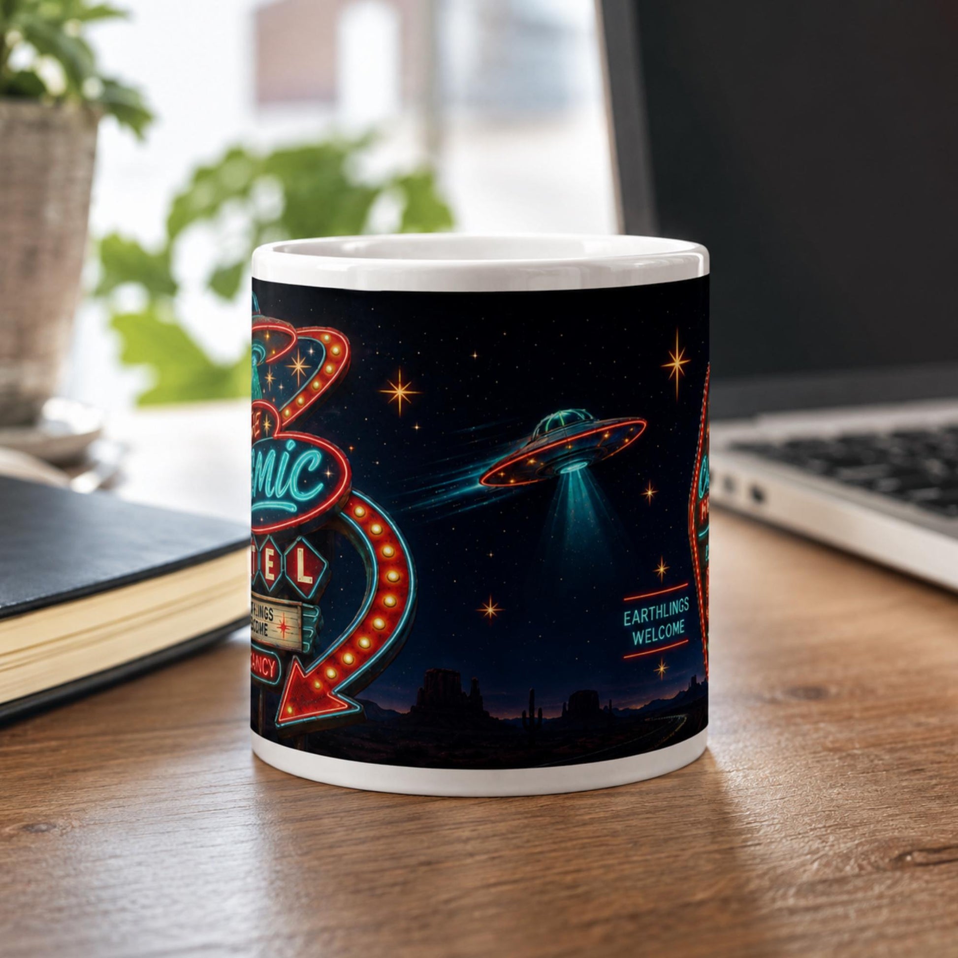 Cosmic Motel UFO Mug, Alien Room 51 Gift, Retro Sci Fi Coffee Mug - Wyrd Dezigns