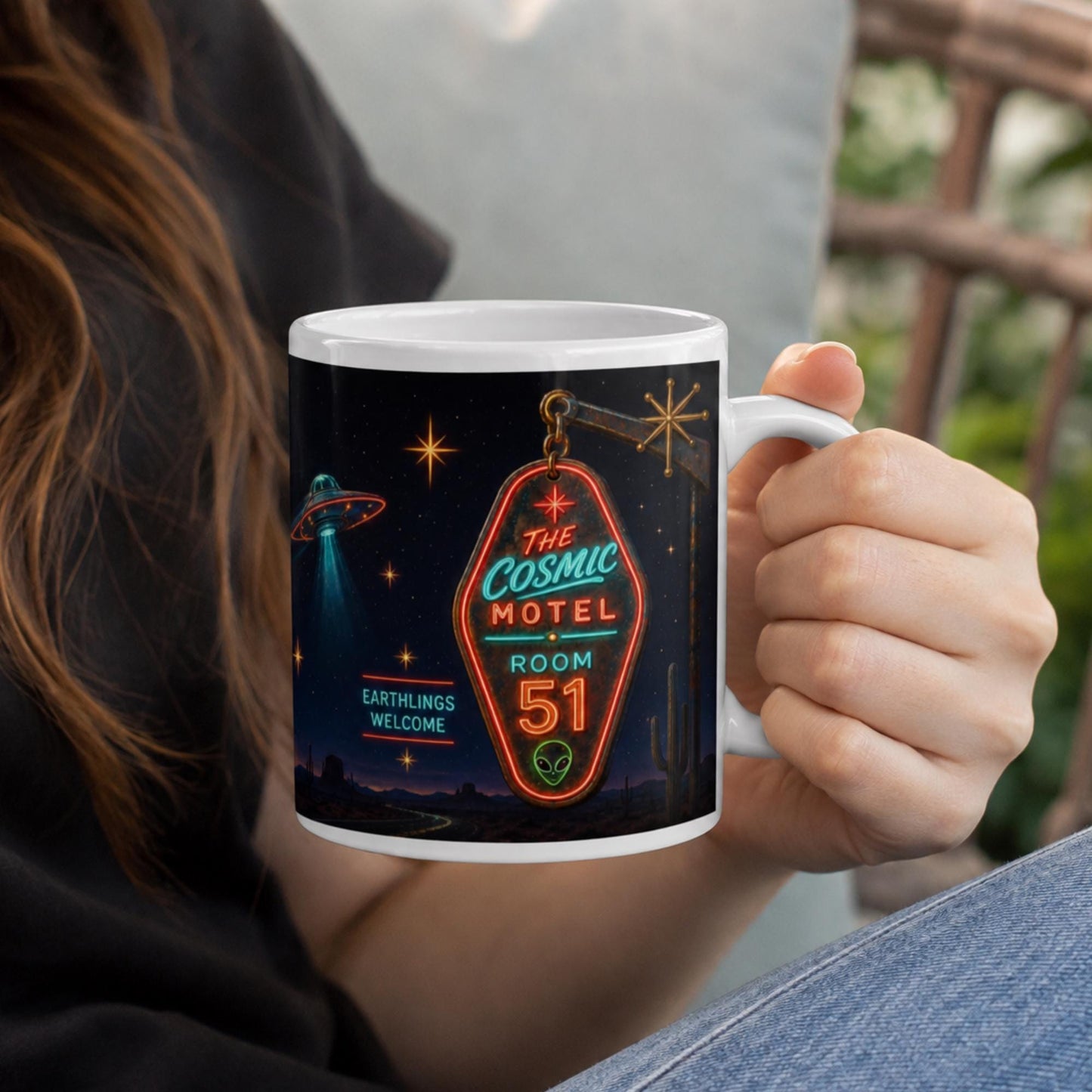 Cosmic Motel UFO Mug, Alien Room 51 Gift, Retro Sci Fi Coffee Mug - Wyrd Dezigns
