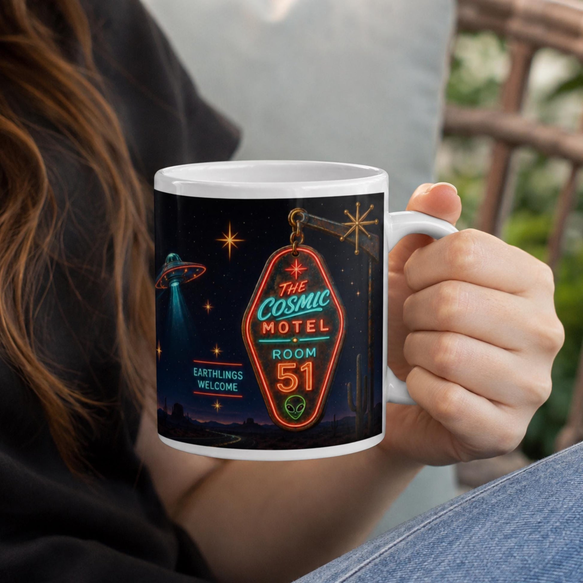 Cosmic Motel UFO Mug, Alien Room 51 Gift, Retro Sci Fi Coffee Mug - Wyrd Dezigns