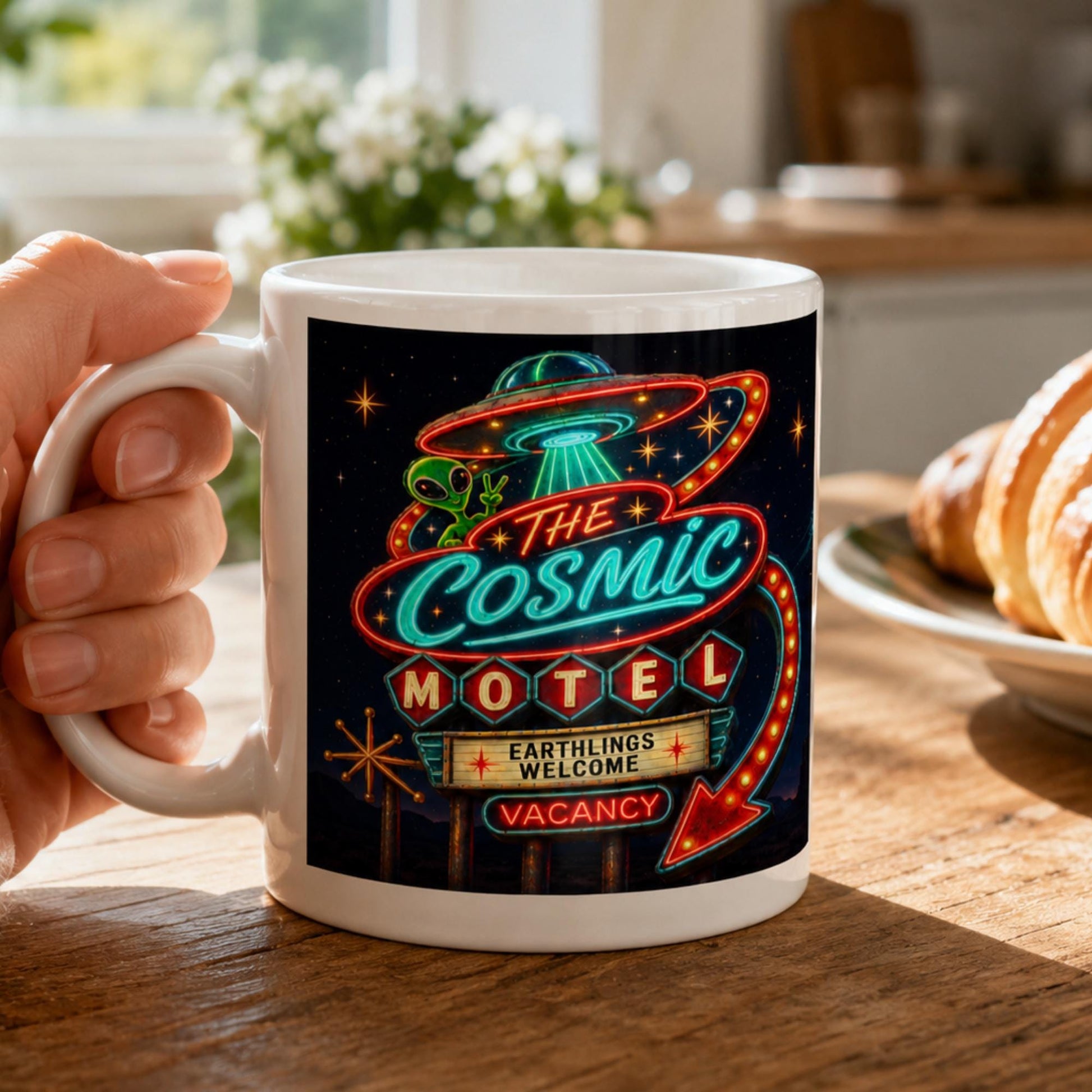 Cosmic Motel UFO Mug, Alien Room 51 Gift, Retro Sci Fi Coffee Mug - Wyrd Dezigns