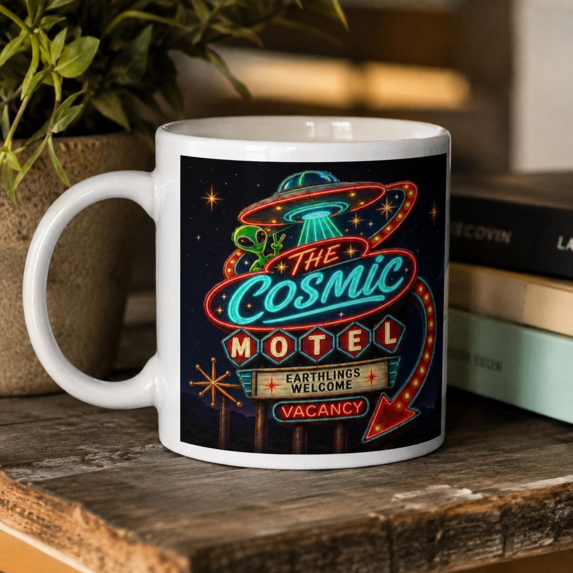 Cosmic Motel UFO Mug, Alien Room 51 Gift, Retro Sci Fi Coffee Mug - Wyrd Dezigns