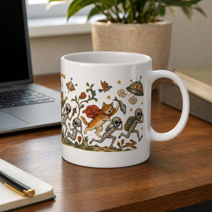 Medieval Cats vs Aliens Mug, Funny UFO Cat Gift, UFO Fan Mug - Wyrd Dezigns