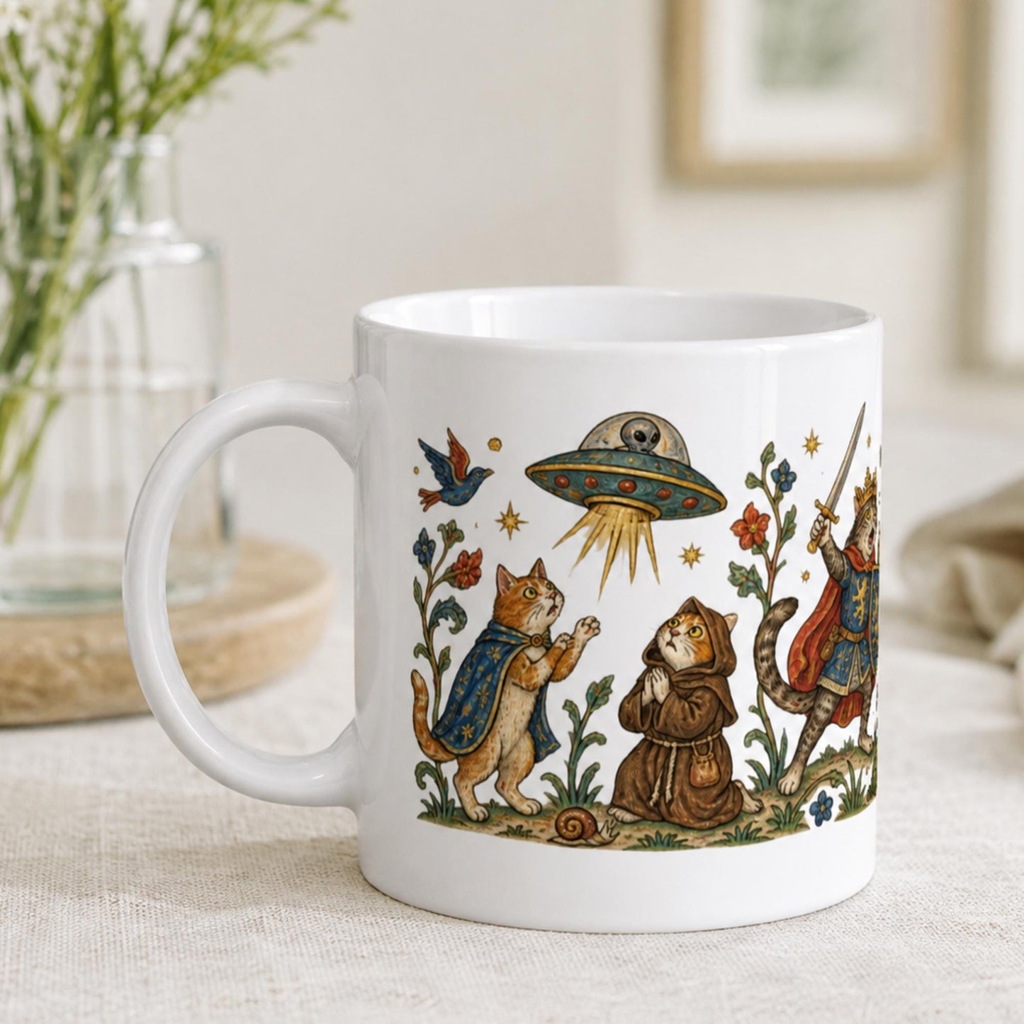 Medieval Cats vs Aliens Mug, Funny UFO Cat Gift, UFO Fan Mug - Wyrd Dezigns