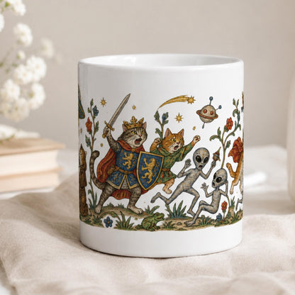 Medieval Cats vs Aliens Mug, Funny UFO Cat Gift, UFO Fan Mug - Wyrd Dezigns