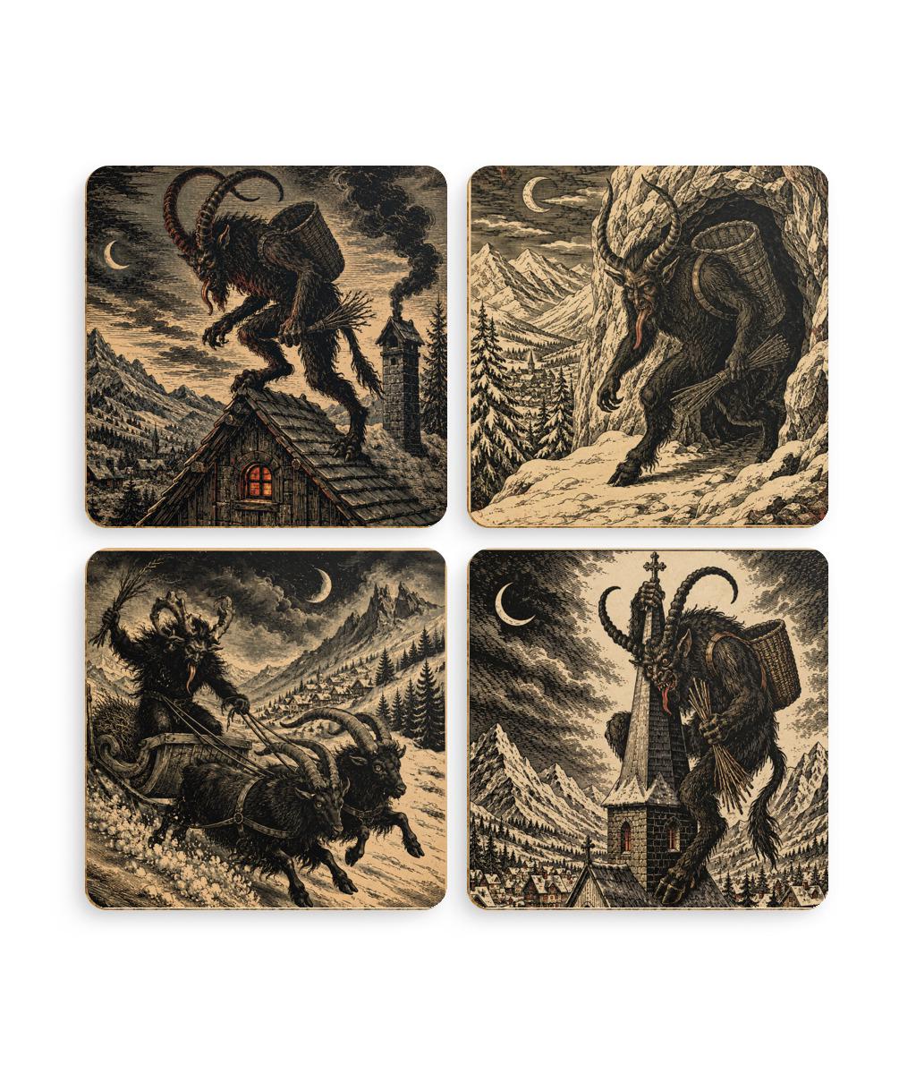 Krampus Coaster Set of 4, Woodcut Krampusnacht Christmas Decor, Dark Alpine Folklore Gothic Gift - Wyrd Dezigns