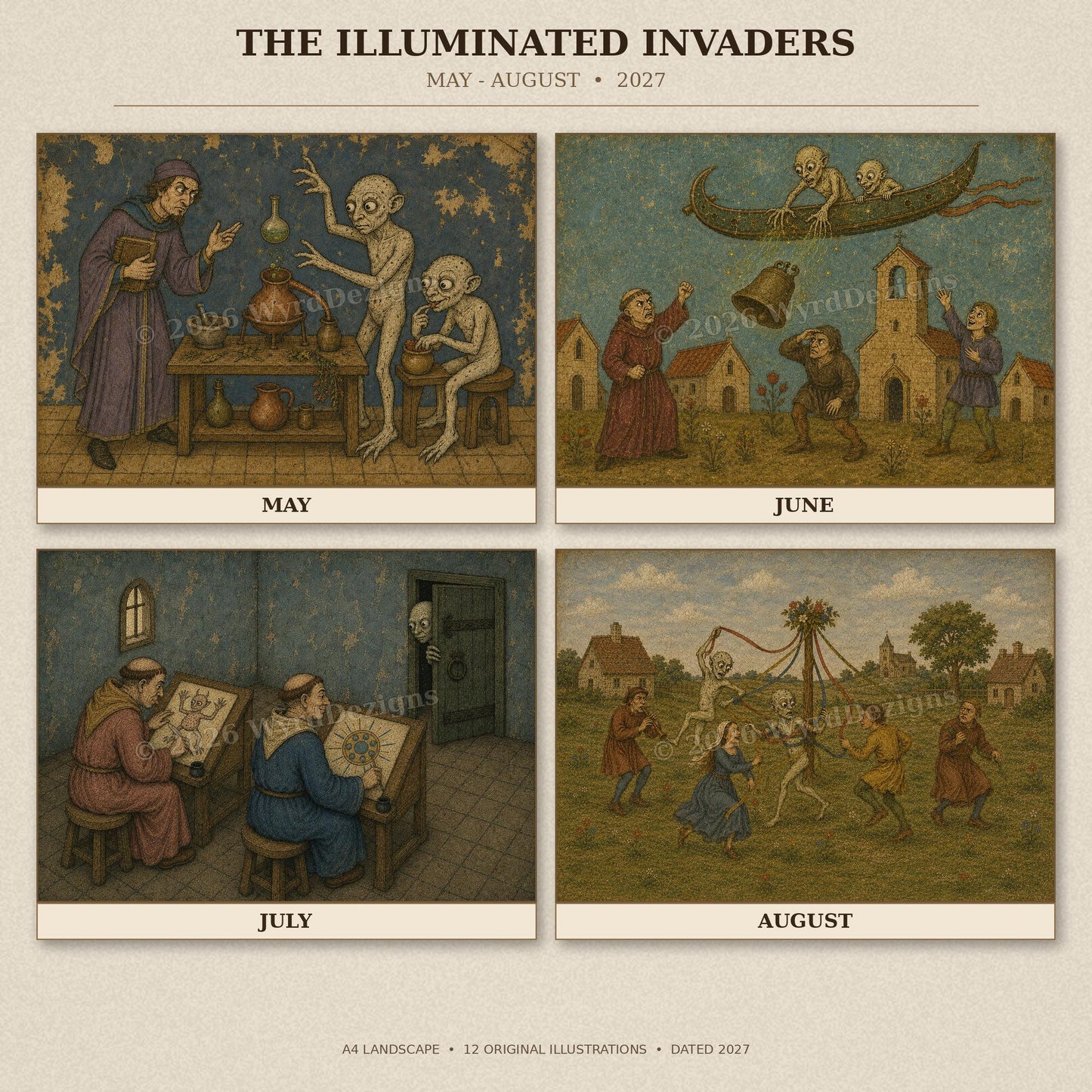 A4 Medieval Alien 2027 Wall Calendar, Fun, Quirky Art - Wyrd Dezigns
