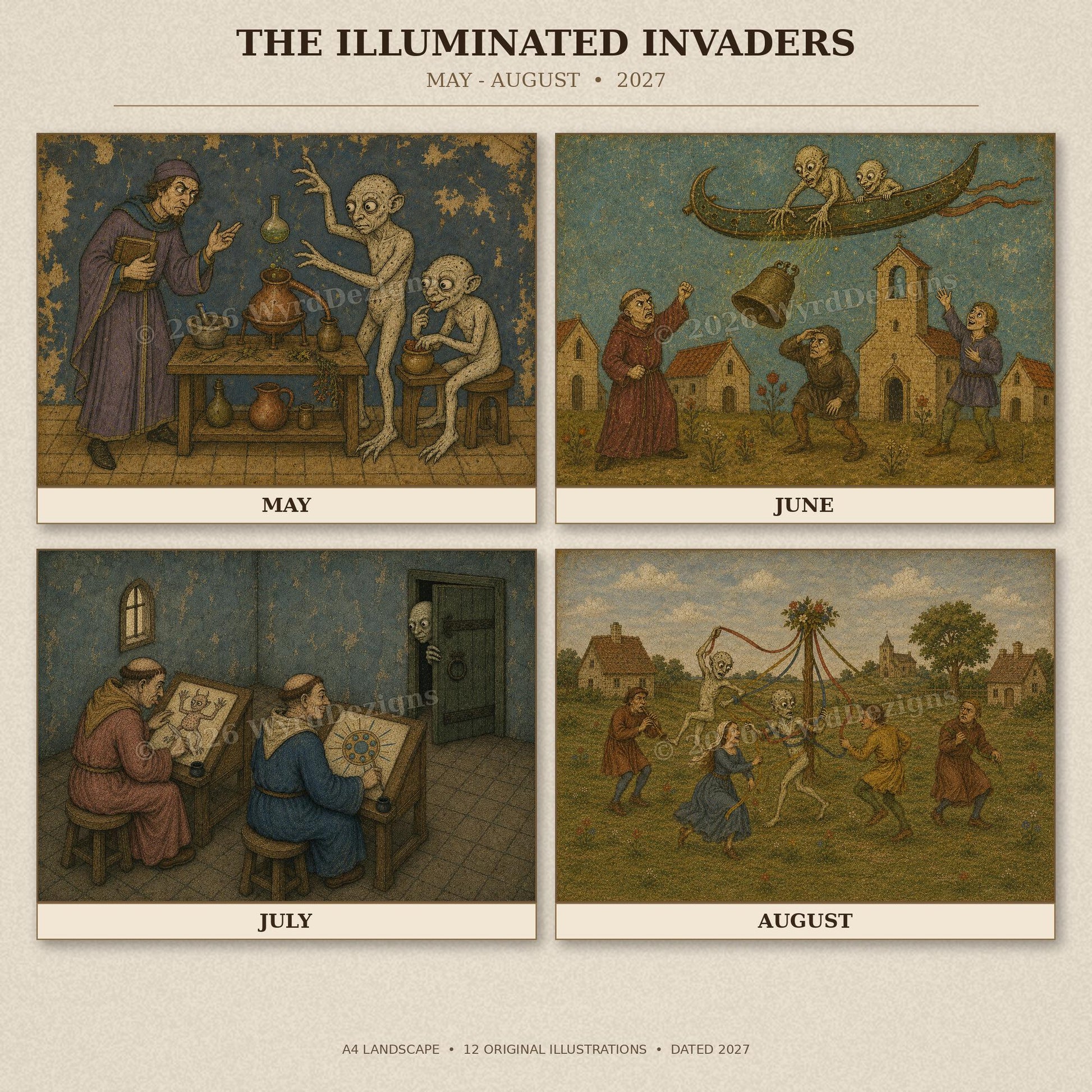 A4 Medieval Alien 2027 Wall Calendar, Fun, Quirky Art - Wyrd Dezigns