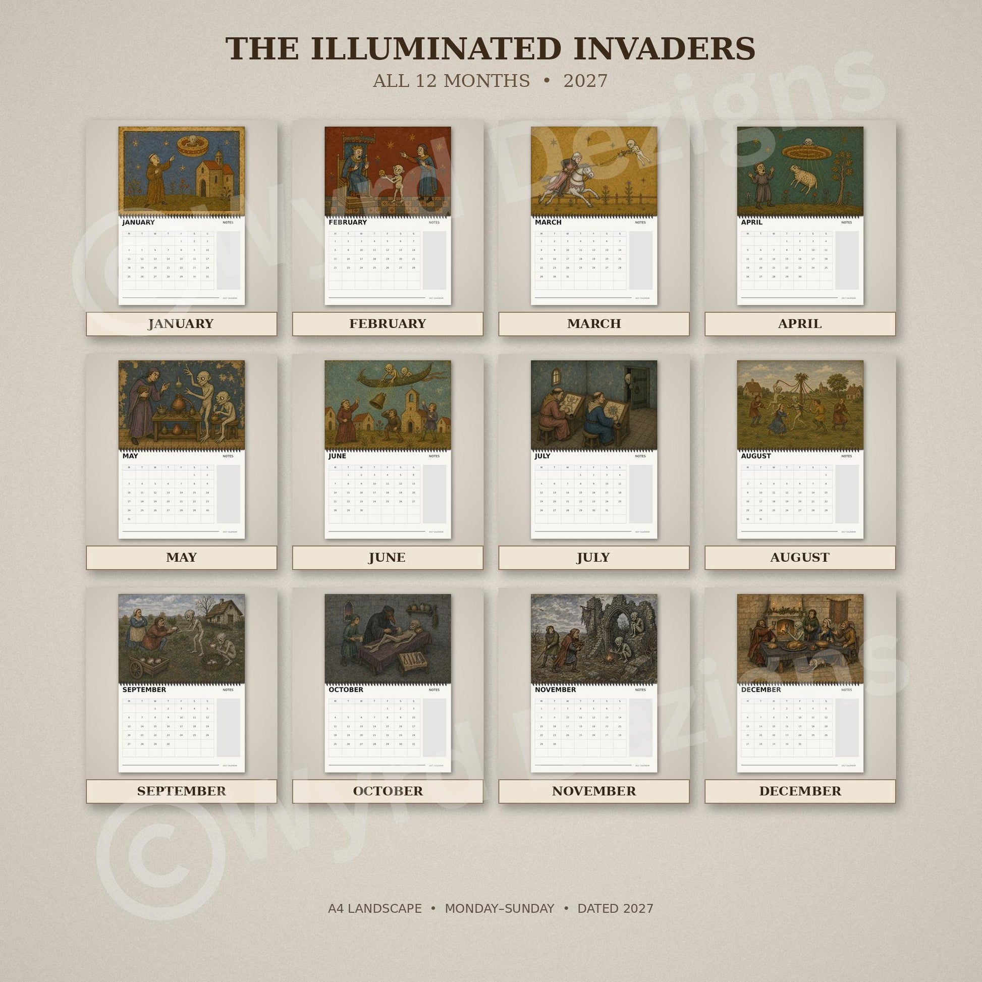 A4 Medieval Alien 2027 Wall Calendar, Fun, Quirky Art - Wyrd Dezigns