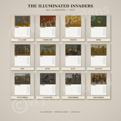 A4 Medieval Alien 2027 Wall Calendar, Fun, Quirky Art - Wyrd Dezigns