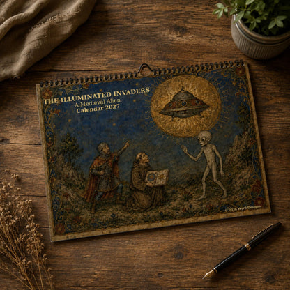 A4 Medieval Alien 2027 Wall Calendar, Fun, Quirky Art - Wyrd Dezigns