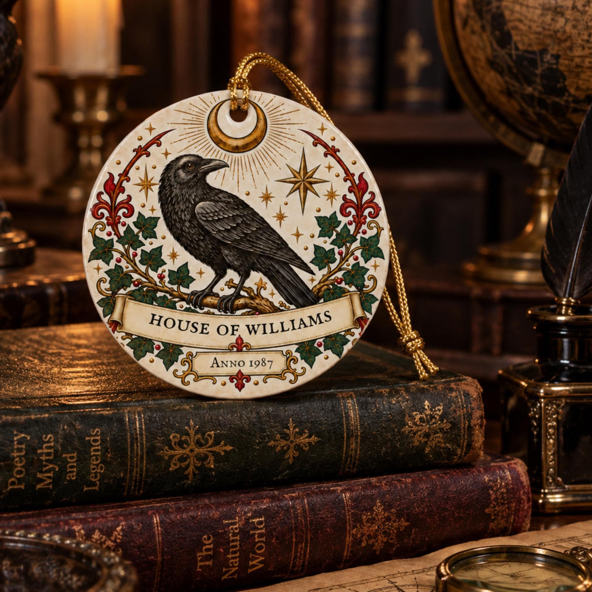 Personalised Gothic Raven Family Ornament, House of Surname & Year, Ceramic Hanging Decoration - Wyrd Dezigns