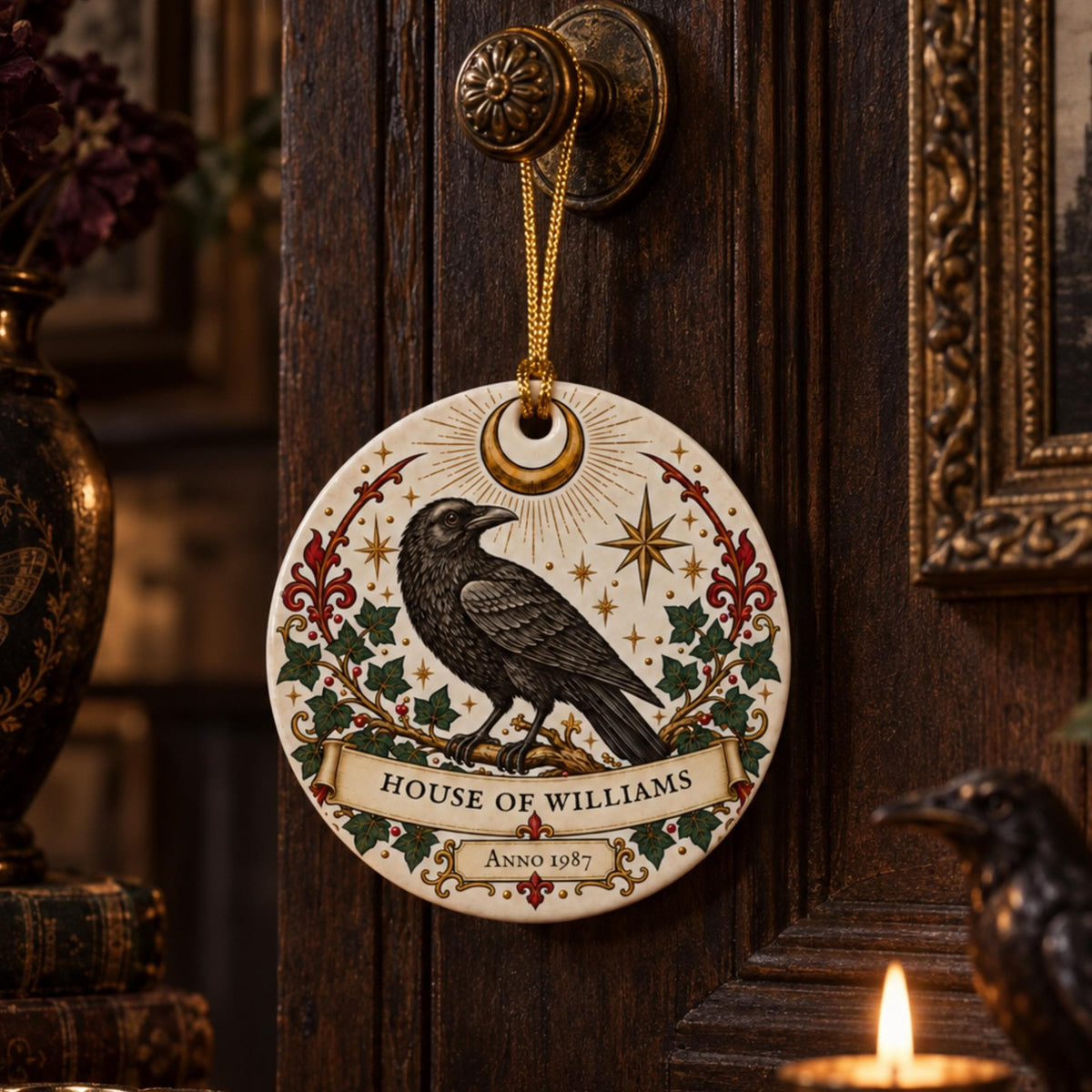 Personalised Gothic Raven Family Ornament, House of Surname & Year, Ceramic Hanging Decoration - Wyrd Dezigns