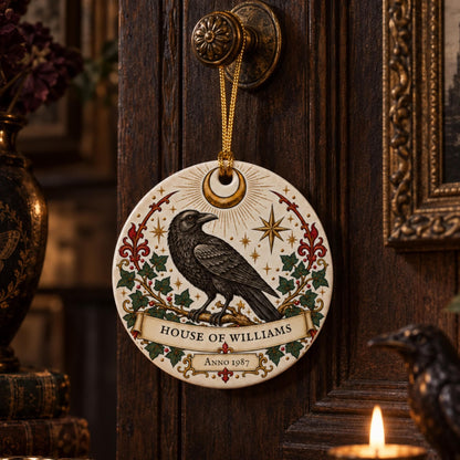 Personalised Gothic Raven Family Ornament, House of Surname & Year, Ceramic Hanging Decoration - Wyrd Dezigns