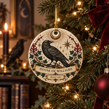 Personalised Gothic Raven Family Ornament, House of Surname & Year, Ceramic Hanging Decoration - Wyrd Dezigns