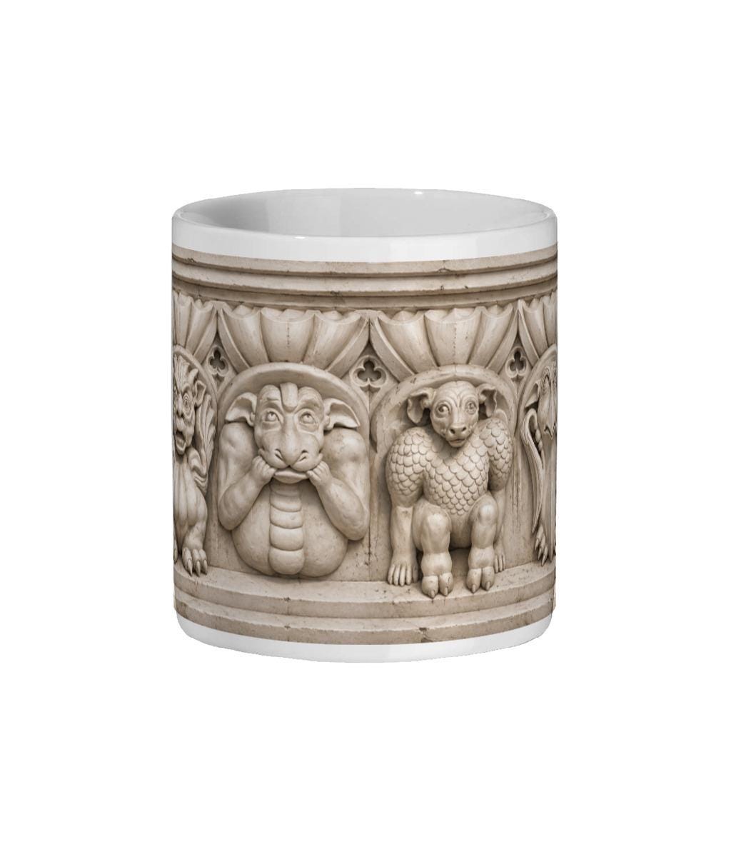 Gargoyle Mug, Gothic Architecture Mug, Medieval Gargoyle Gift, Cathedral Stone Carving Coffee Mug - Wyrd Dezigns