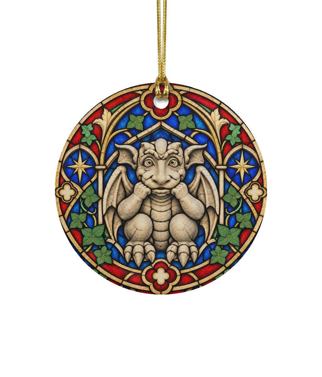 Hanging Ceramic Ornament - Round gargoyle 2 - Wyrd Dezigns
