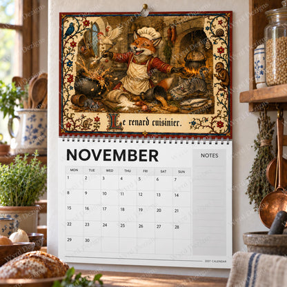 Medieval 2027 Wall Calendar, Illuminated Manuscript Art, Reynard Folklore Gift, Funny Historical Calendar - Wyrd Dezigns