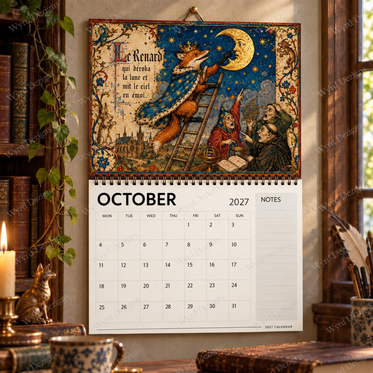 Medieval 2027 Wall Calendar, Illuminated Manuscript Art, Reynard Folklore Gift, Funny Historical Calendar - Wyrd Dezigns