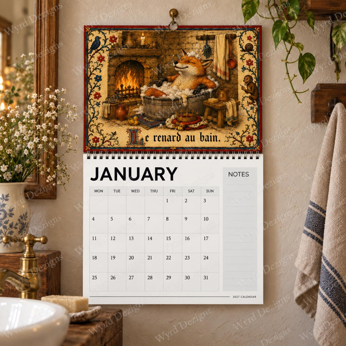 Medieval 2027 Wall Calendar, Illuminated Manuscript Art, Reynard Folklore Gift, Funny Historical Calendar - Wyrd Dezigns