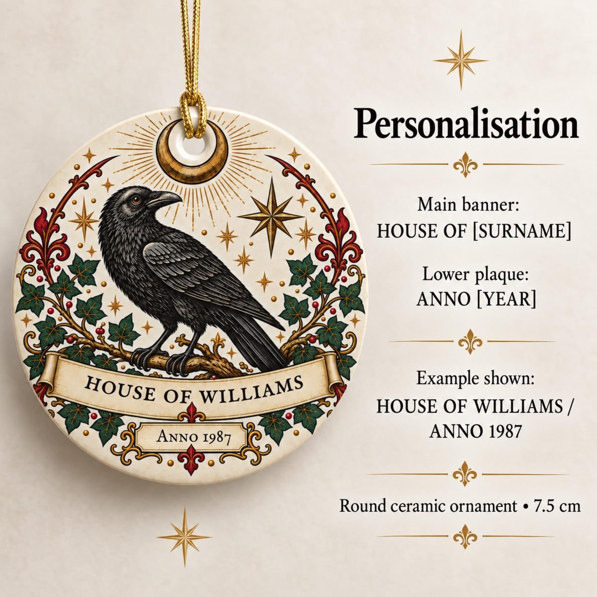 Personalised Gothic Raven Family Ornament, House of Surname & Year, Ceramic Hanging Decoration - Wyrd Dezigns