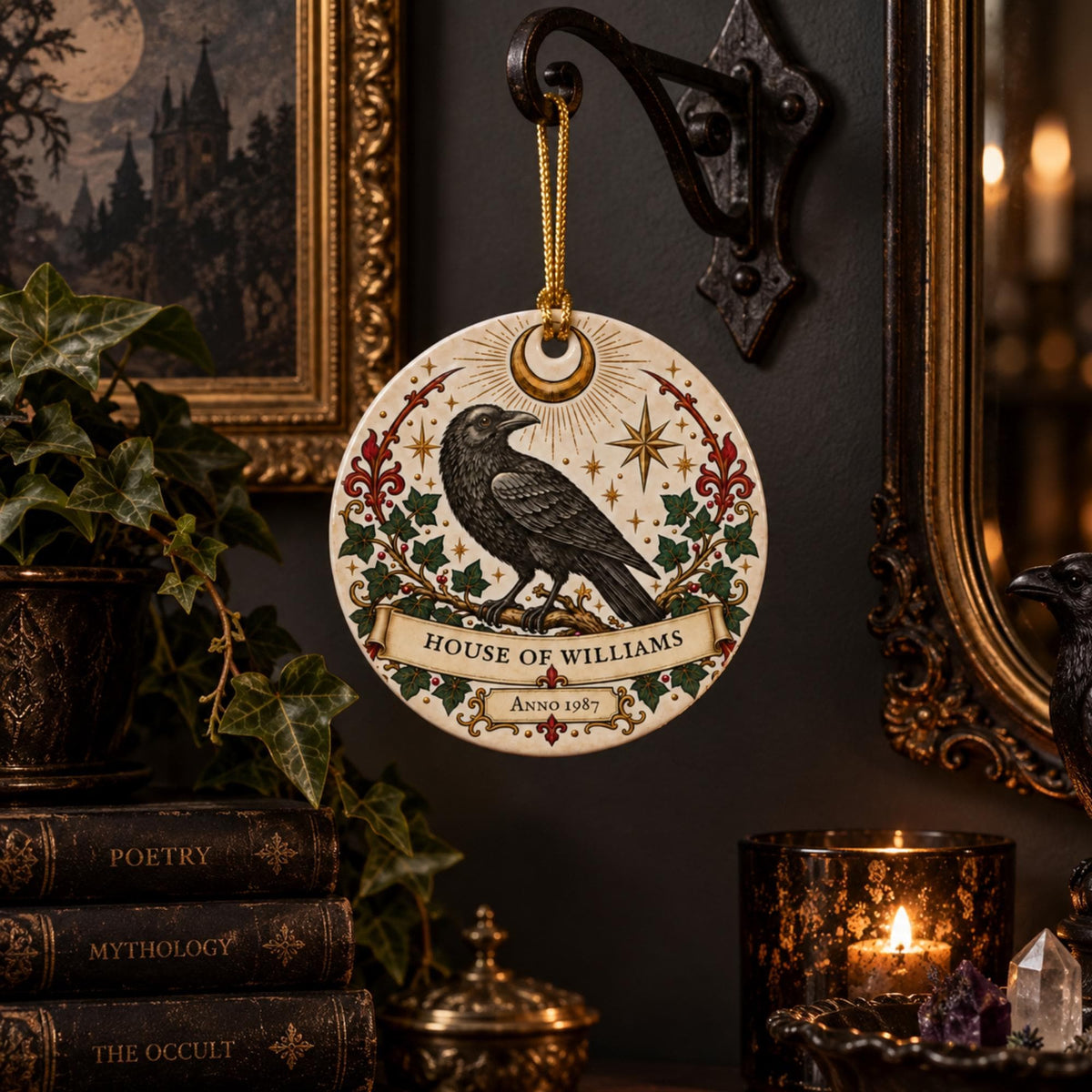 Personalised Gothic Raven Family Ornament, House of Surname & Year, Ceramic Hanging Decoration - Wyrd Dezigns