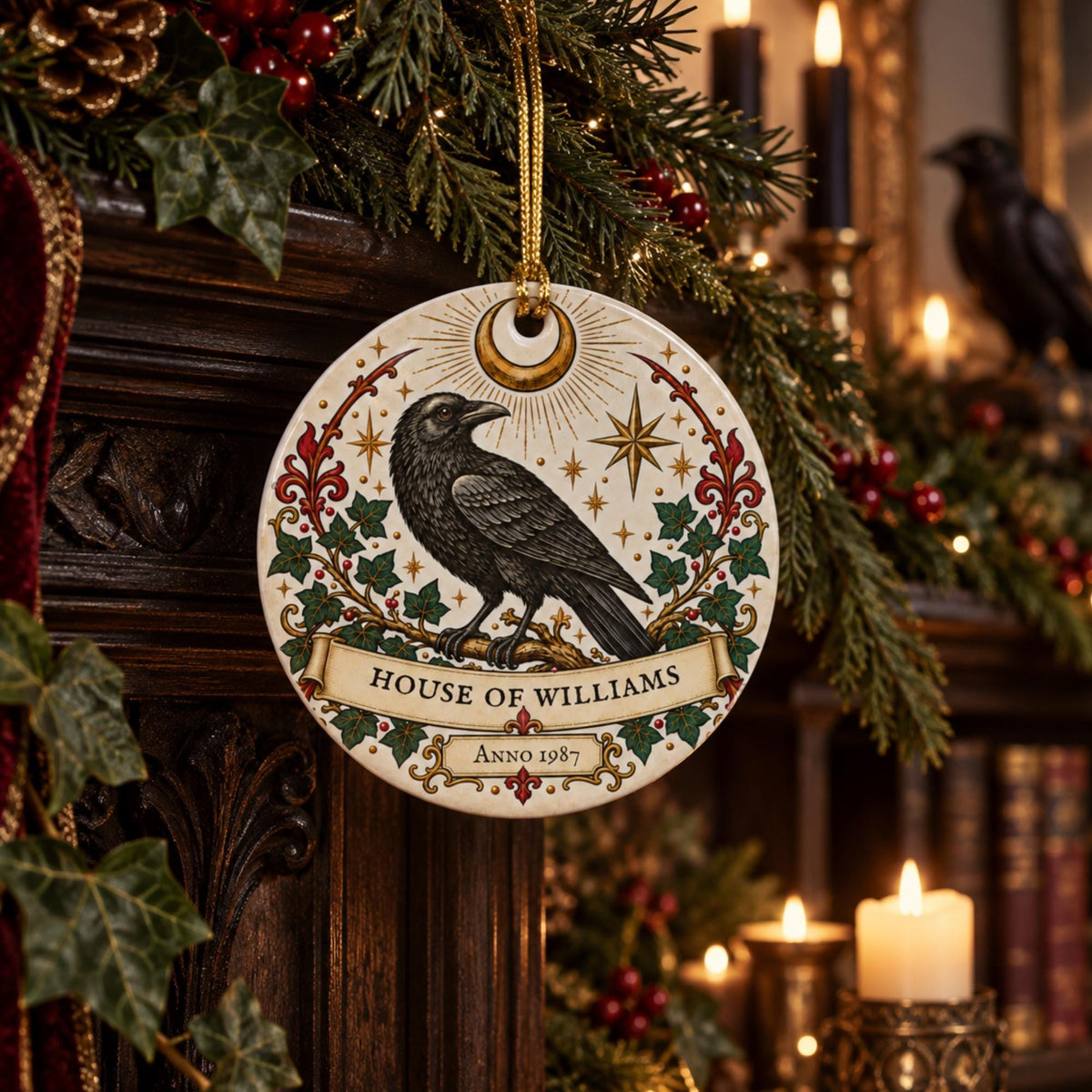 Personalised Gothic Raven Family Ornament, House of Surname & Year, Ceramic Hanging Decoration - Wyrd Dezigns