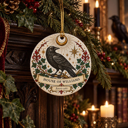 Personalised Gothic Raven Family Ornament, House of Surname & Year, Ceramic Hanging Decoration - Wyrd Dezigns