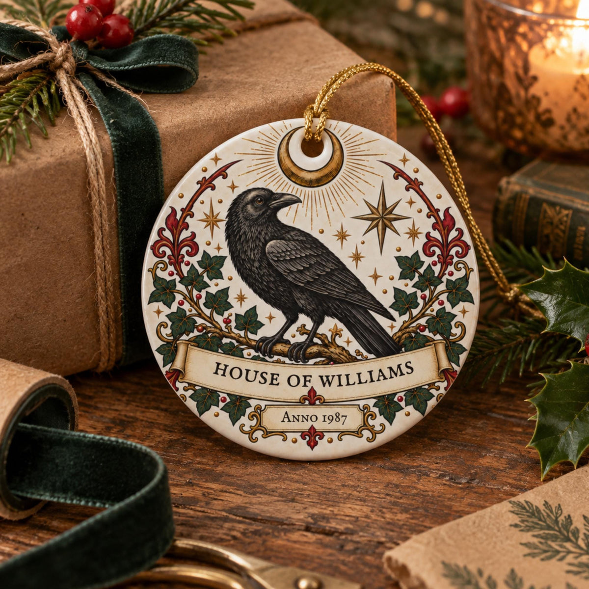 Personalised Gothic Raven Family Ornament, House of Surname & Year, Ceramic Hanging Decoration - Wyrd Dezigns