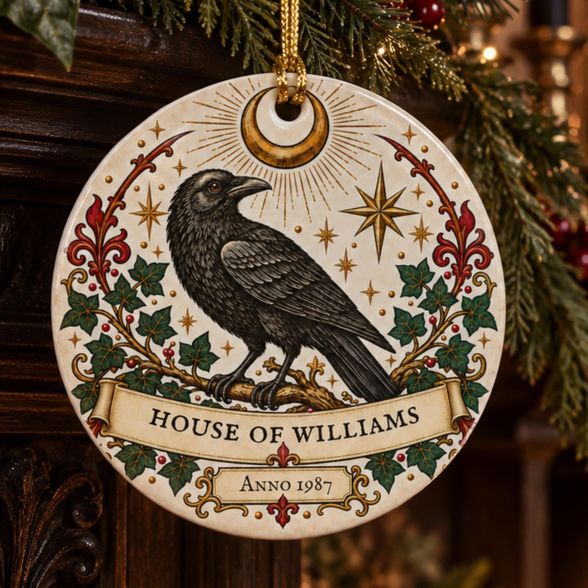 Personalised Gothic Raven Family Ornament, House of Surname & Year, Ceramic Hanging Decoration - Wyrd Dezigns