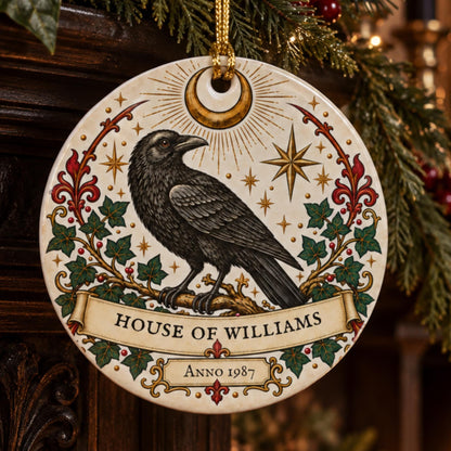 Personalised Gothic Raven Family Ornament, House of Surname & Year, Ceramic Hanging Decoration - Wyrd Dezigns