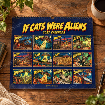 If Cats Were Aliens 2027 Calendar, A4 Retro Sci Fi Cat Wall Calendar, Funny UFO Gift - Wyrd Dezigns