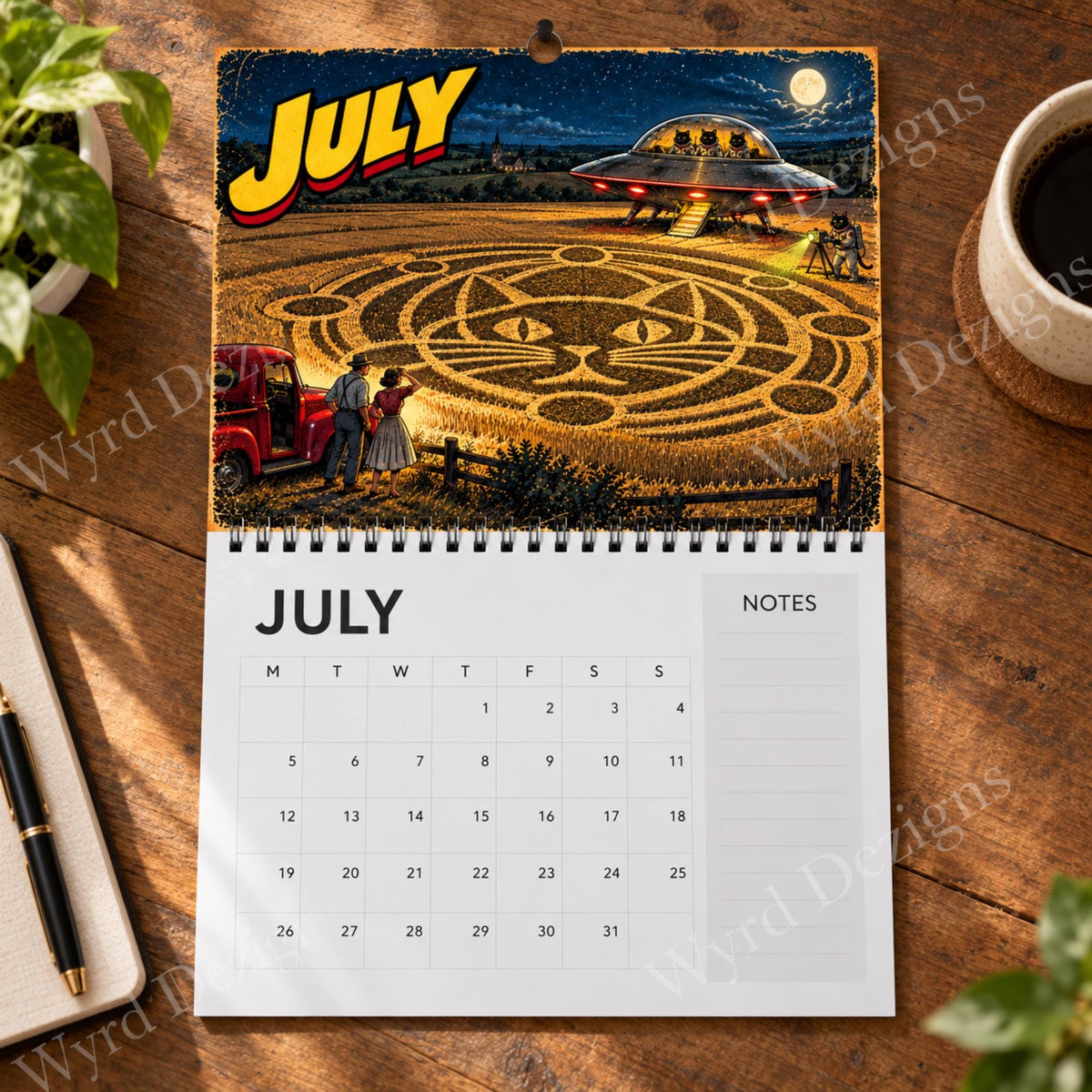If Cats Were Aliens 2027 Calendar, A4 Retro Sci Fi Cat Wall Calendar, Funny UFO Gift - Wyrd Dezigns