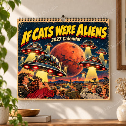 If Cats Were Aliens 2027 Calendar, A4 Retro Sci Fi Cat Wall Calendar, Funny UFO Gift - Wyrd Dezigns