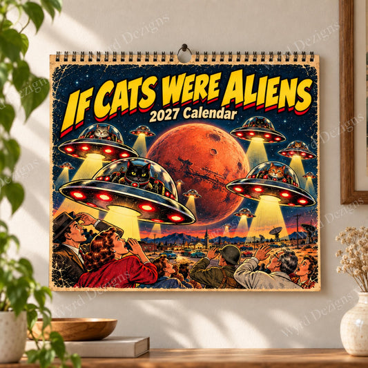If Cats Were Aliens 2027 Calendar, A4 Retro Sci Fi Cat Wall Calendar, Funny UFO Gift - Wyrd Dezigns