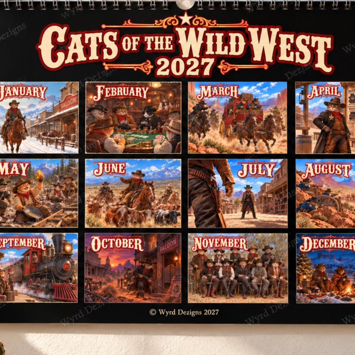 Cats of the Wild West 2027 Calendar, Cowboy Cat Wall Calendar, Western Gift - Wyrd Dezigns
