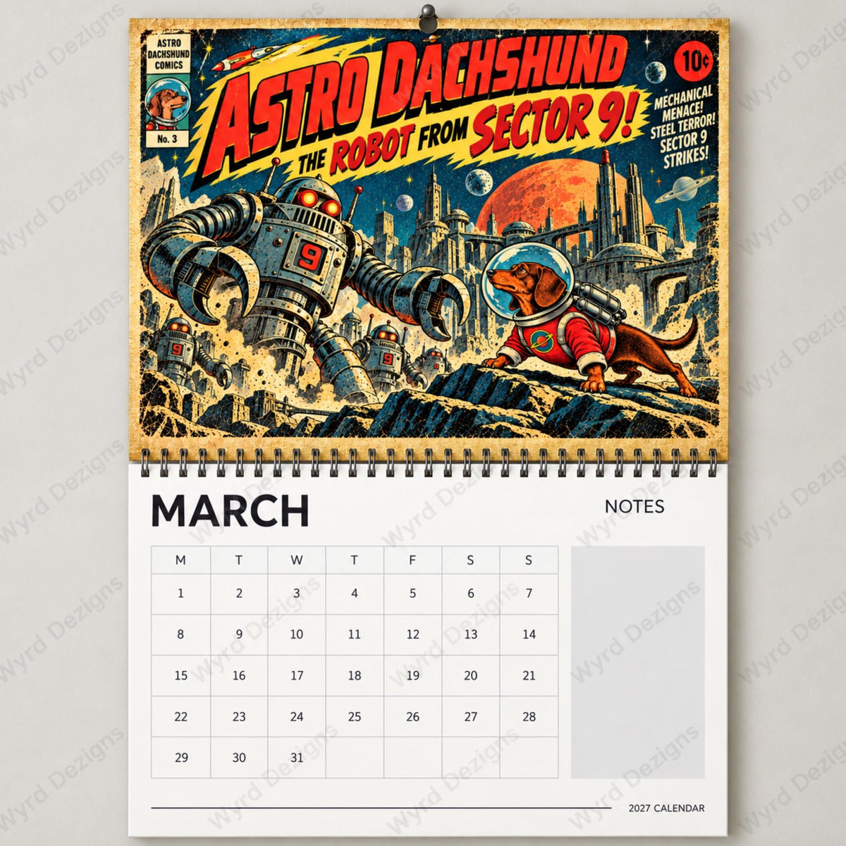 Astro Dachshund 2027 Calendar, Retro Sci-Fi Dog Wall Calendar, Dachshund Gift - Wyrd Dezigns