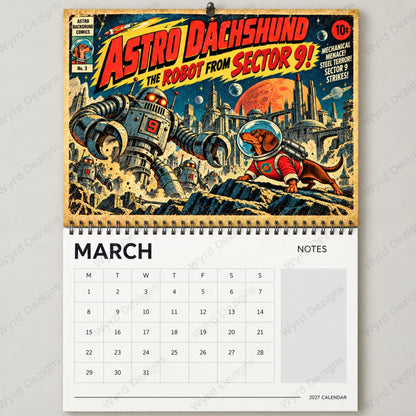 Astro Dachshund 2027 Calendar, Retro Sci-Fi Dog Wall Calendar, Dachshund Gift - Wyrd Dezigns
