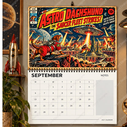 Astro Dachshund 2027 Calendar, Retro Sci-Fi Dog Wall Calendar, Dachshund Gift - Wyrd Dezigns