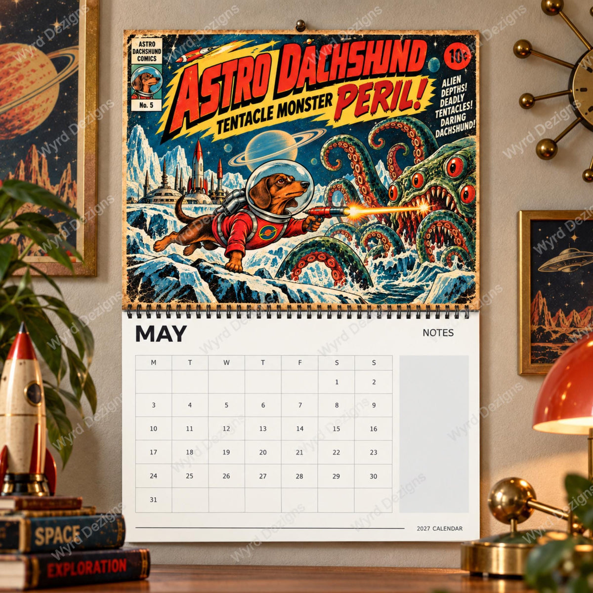 Astro Dachshund 2027 Calendar, Retro Sci-Fi Dog Wall Calendar, Dachshund Gift - Wyrd Dezigns