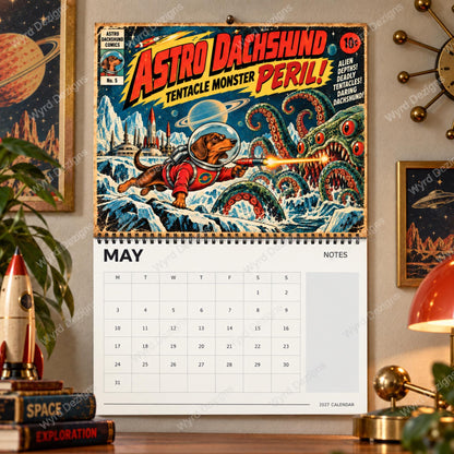 Astro Dachshund 2027 Calendar, Retro Sci-Fi Dog Wall Calendar, Dachshund Gift - Wyrd Dezigns