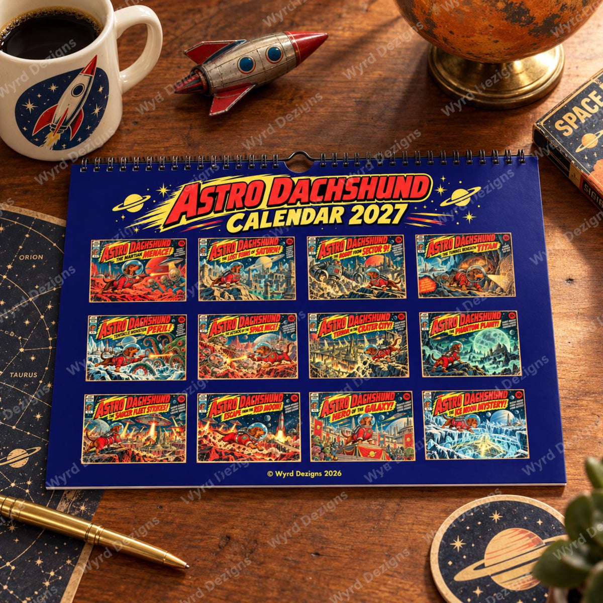 Astro Dachshund 2027 Calendar, Retro Sci-Fi Dog Wall Calendar, Dachshund Gift - Wyrd Dezigns
