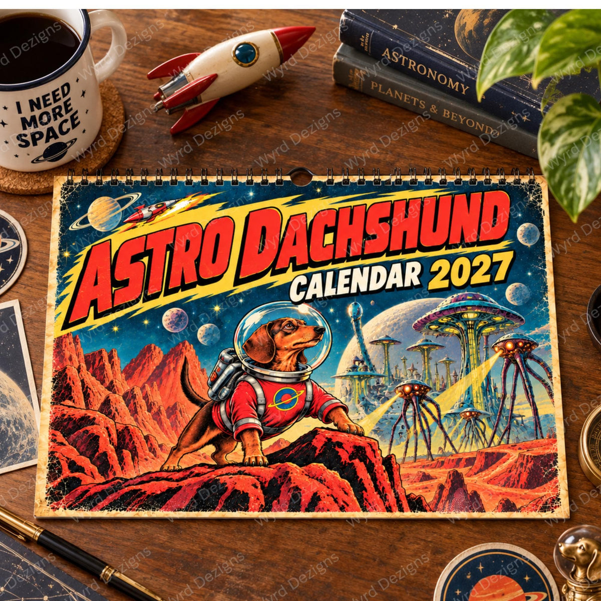 Astro Dachshund 2027 Calendar, Retro Sci-Fi Dog Wall Calendar, Dachshund Gift - Wyrd Dezigns