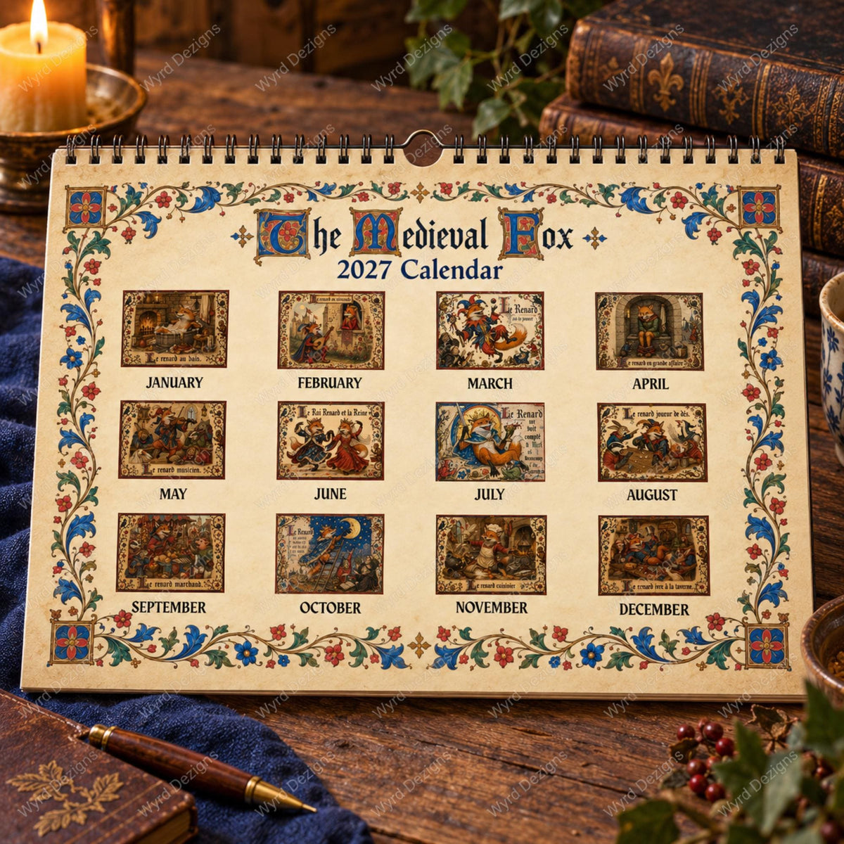 Medieval 2027 Wall Calendar, Illuminated Manuscript Art, Reynard Folklore Gift, Funny Historical Calendar - Wyrd Dezigns