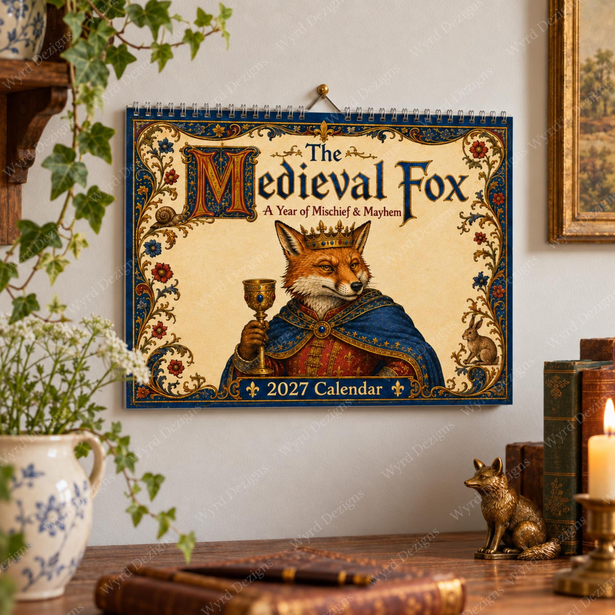 Medieval 2027 Wall Calendar, Illuminated Manuscript Art, Reynard Folklore Gift, Funny Historical Calendar - Wyrd Dezigns