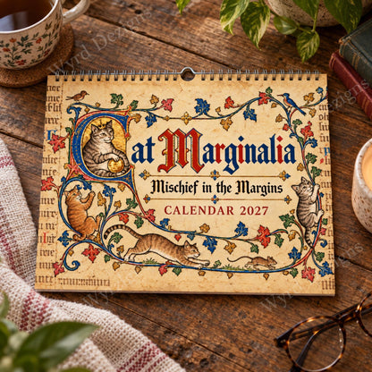 Cat Marginalia 2027 Calendar, Medieval Manuscript Art, Funny History Lover Gift - Wyrd Dezigns