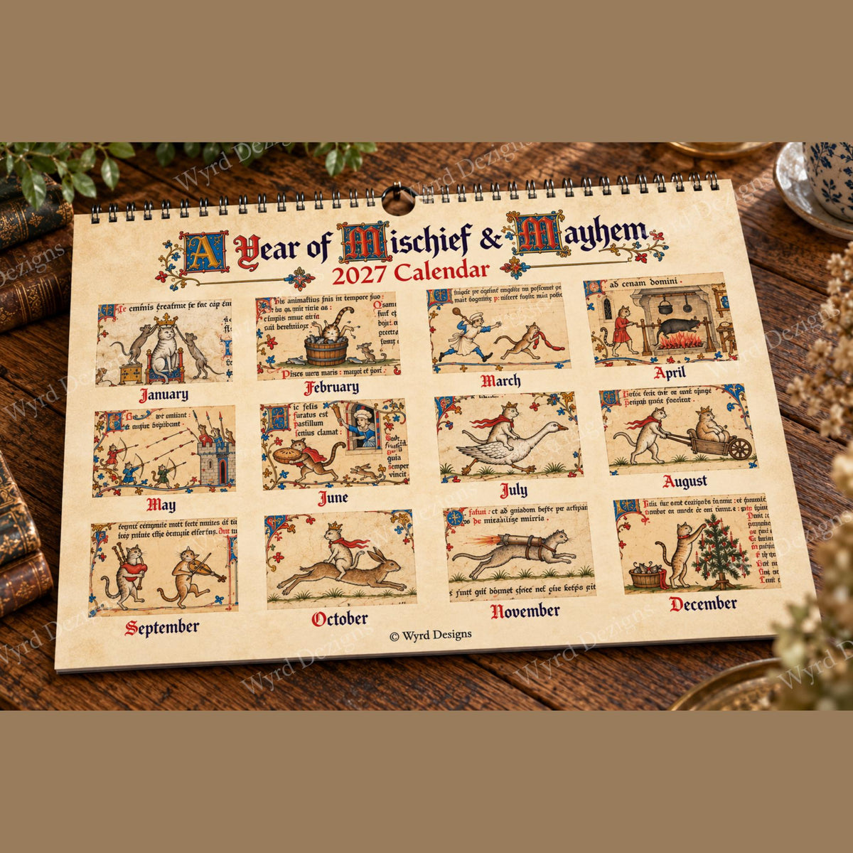 Cat Marginalia 2027 Calendar, Medieval Manuscript Art, Funny History Lover Gift - Wyrd Dezigns