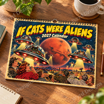 If Cats Were Aliens 2027 Calendar, A4 Retro Sci Fi Cat Wall Calendar, Funny UFO Gift - Wyrd Dezigns