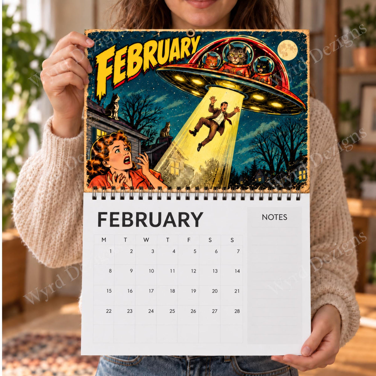 If Cats Were Aliens 2027 Calendar, A4 Retro Sci Fi Cat Wall Calendar, Funny UFO Gift - Wyrd Dezigns