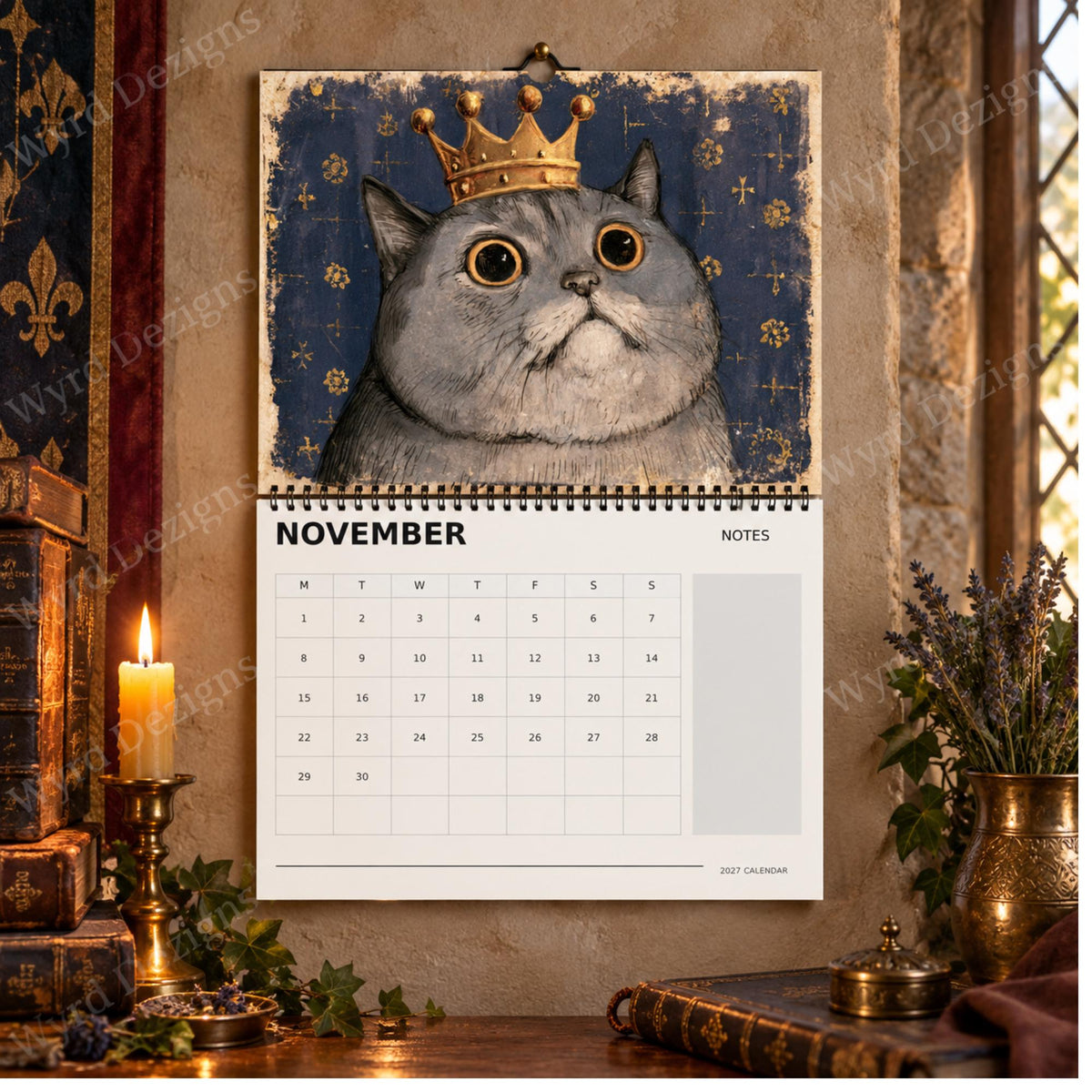 Crowned Cats 2027 Calendar, Medieval Cat Wall Calendar, Royal Cat Lover Gift - Wyrd Dezigns